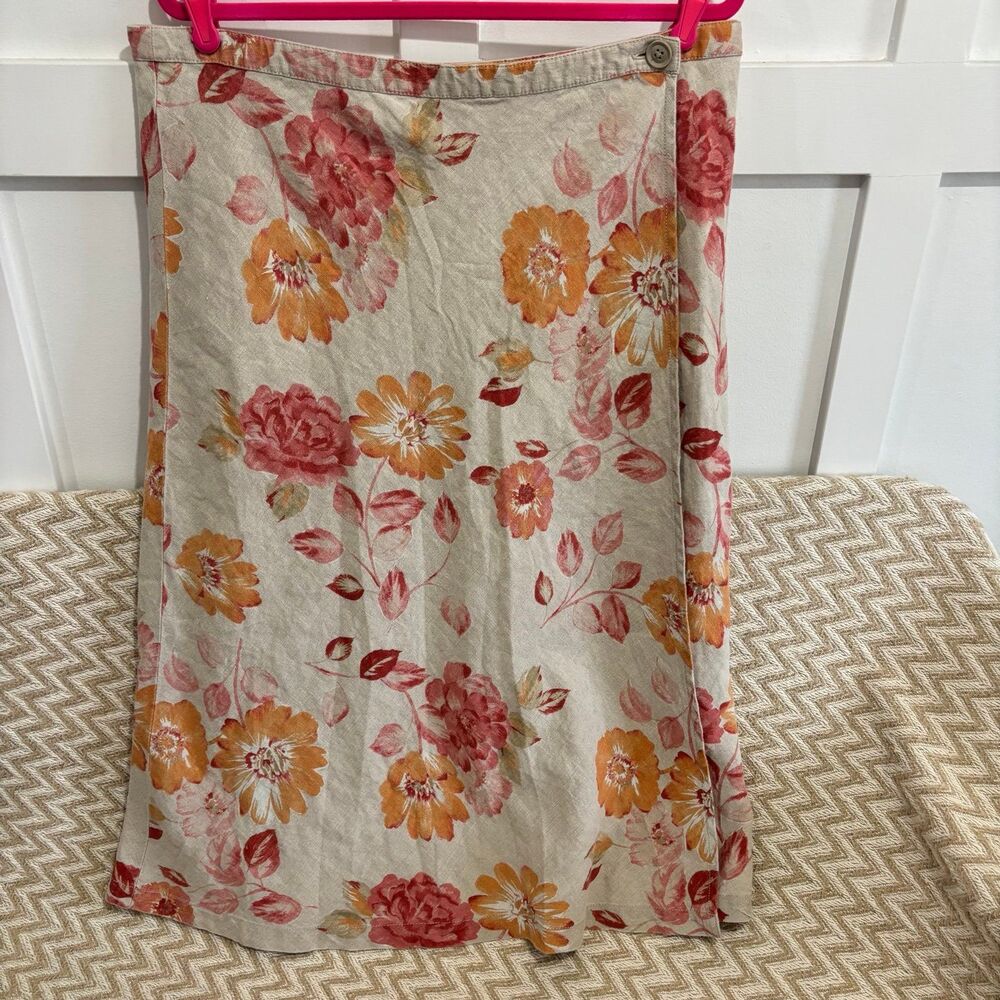 Vintage Eddie Bauer Women's Linen Floral Wrap Maxi Skirt Beige Pink Orange Sz 16